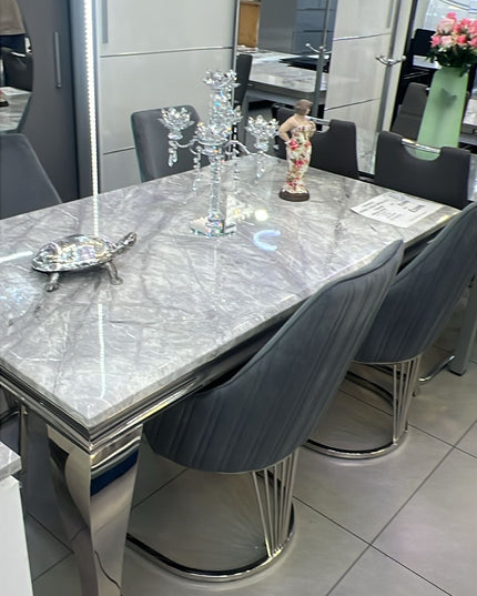 Grey silver marble dining table with 4 x lusso grey chairs