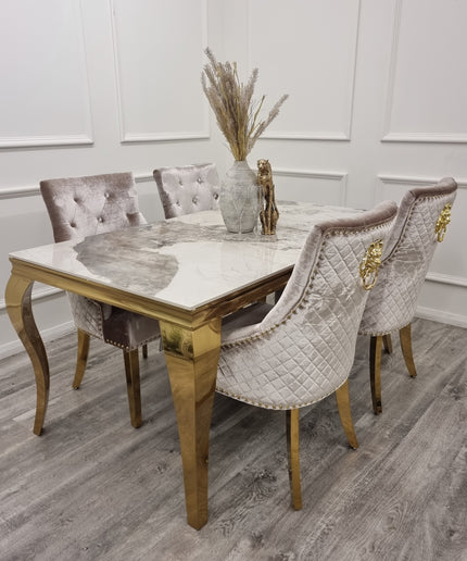 Louis Pandora Marble Gold Dinning Table with Bentley Gold 4 Chairs