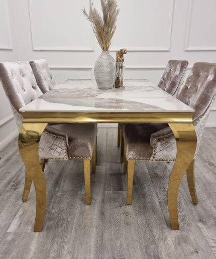 Louis Pandora Marble Gold Dinning Table with Bentley Gold 4 Chairs