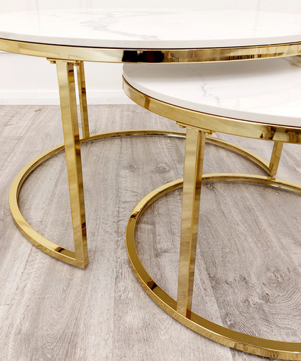 Cato Nest of 2 Round Coffee Gold/ Silver Tables with Polar White Sintered Stone Tops