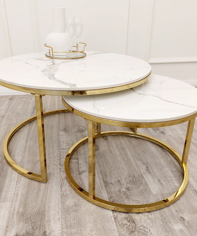 Cato Nest of 2 Round Coffee Gold/ Silver Tables with Polar White Sintered Stone Tops