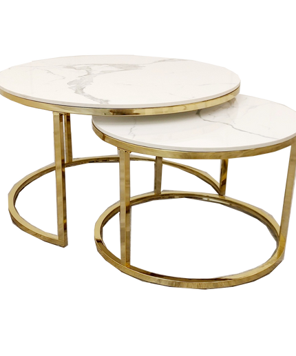 Cato Nest of 2 Round Coffee Gold/ Silver Tables with Polar White Sintered Stone Tops