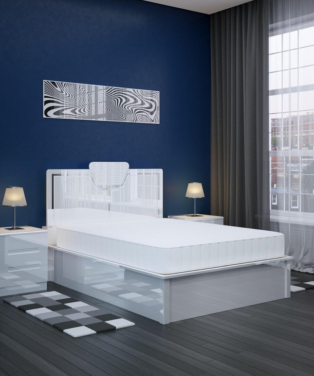 Diva White LED Bed with Ottoman Storage and Headboard Storage and Wireless Cum USB Charger Attached