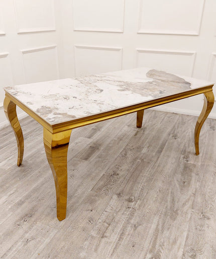 Louis Pandora Marble Gold Dinning Table with Bentley Gold 4 Chairs