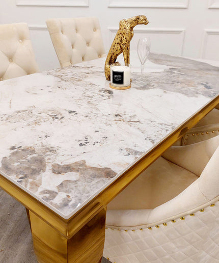 Louis Pandora Marble Gold Dinning Table with Bentley Gold 4 Chairs