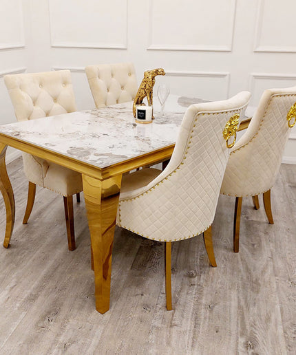 Louis Pandora Marble Gold Dinning Table with Bentley Gold 4 Chairs