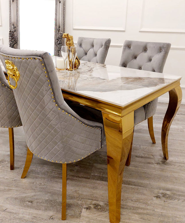Louis Pandora Marble Gold Dinning Table with Bentley Gold 4 Chairs