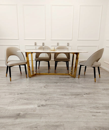 Lucien 1.8 Gold Dining Table with Pandora Gold Sintered Stone Top with Astra Dinning Chairs