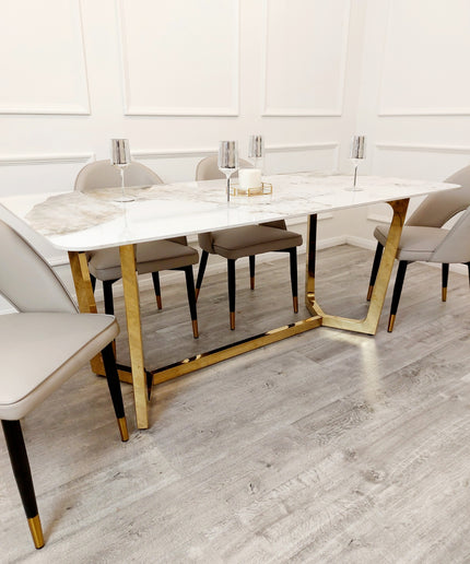 Lucien 1.8 Gold Dining Table with Pandora Gold Sintered Stone Top with Astra Dinning Chairs