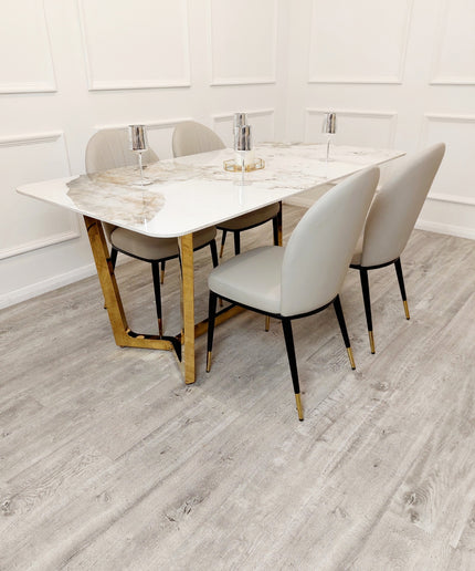 Lucien 1.8 Gold Dining Table with Pandora Gold Sintered Stone Top with Astra Dinning Chairs