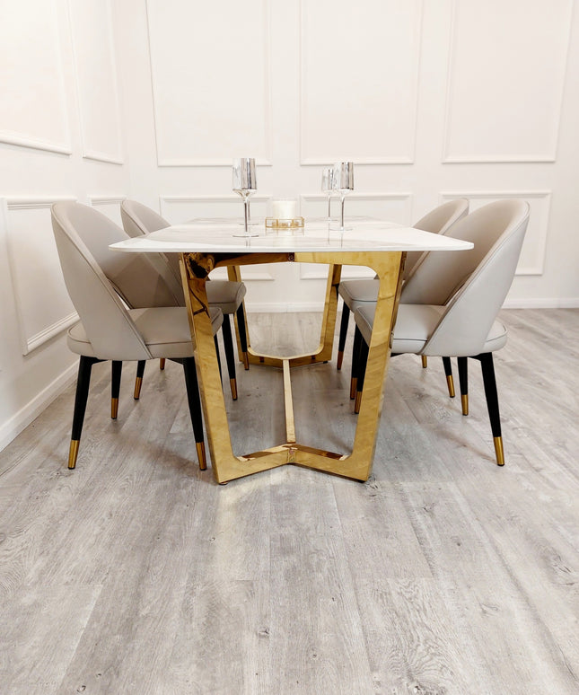 Lucien 1.8 Gold Dining Table with Pandora Gold Sintered Stone Top with Astra Dinning Chairs