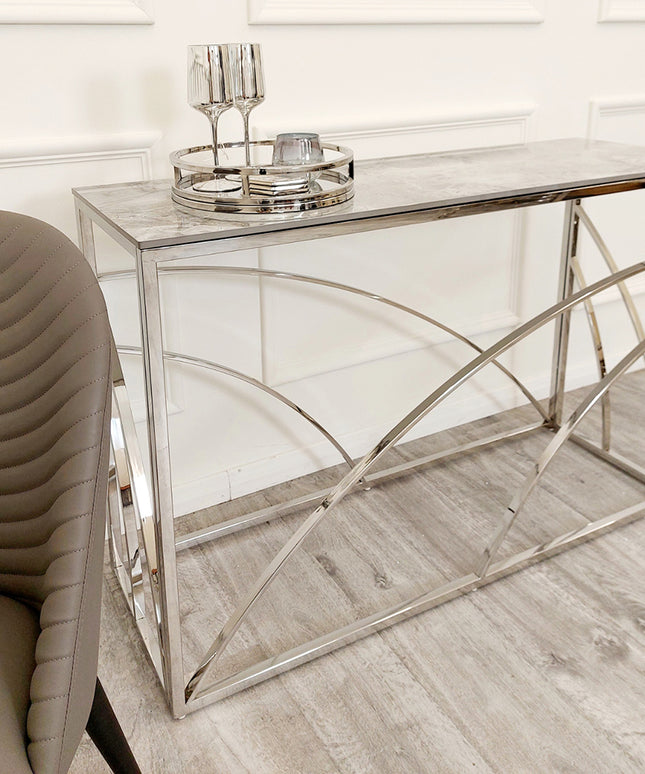 Stella Chrome Console Table with Stomach Ash Grey Sintered Top