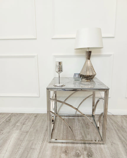 Stella Chrome Lamp Table with Stomach Ash Grey Sintered Top