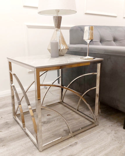 Stella Chrome Lamp Table with Stomach Ash Grey Sintered Top