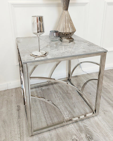 Stella Chrome Lamp Table with Stomach Ash Grey Sintered Top