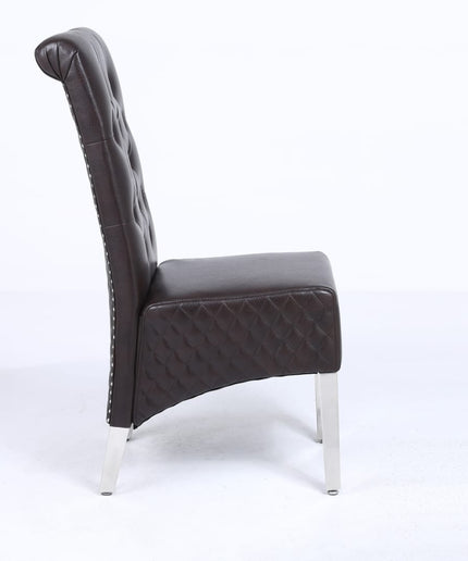 Pair Sara High Back Leather Aire Dining Chairs in Black Brown Cream & Grey, Solid Chrome Frame, Stud and Knocker at the Back