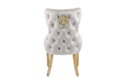 Pair Victoria Lion head Knocker Buttoned Back Velvet Dining Chairs Black-Gold, Cream-Gold, Grey-Gold & Grey-Silver