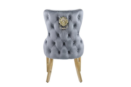 Pair Victoria Lion head Knocker Buttoned Back Velvet Dining Chairs Black-Gold, Cream-Gold, Grey-Gold & Grey-Silver