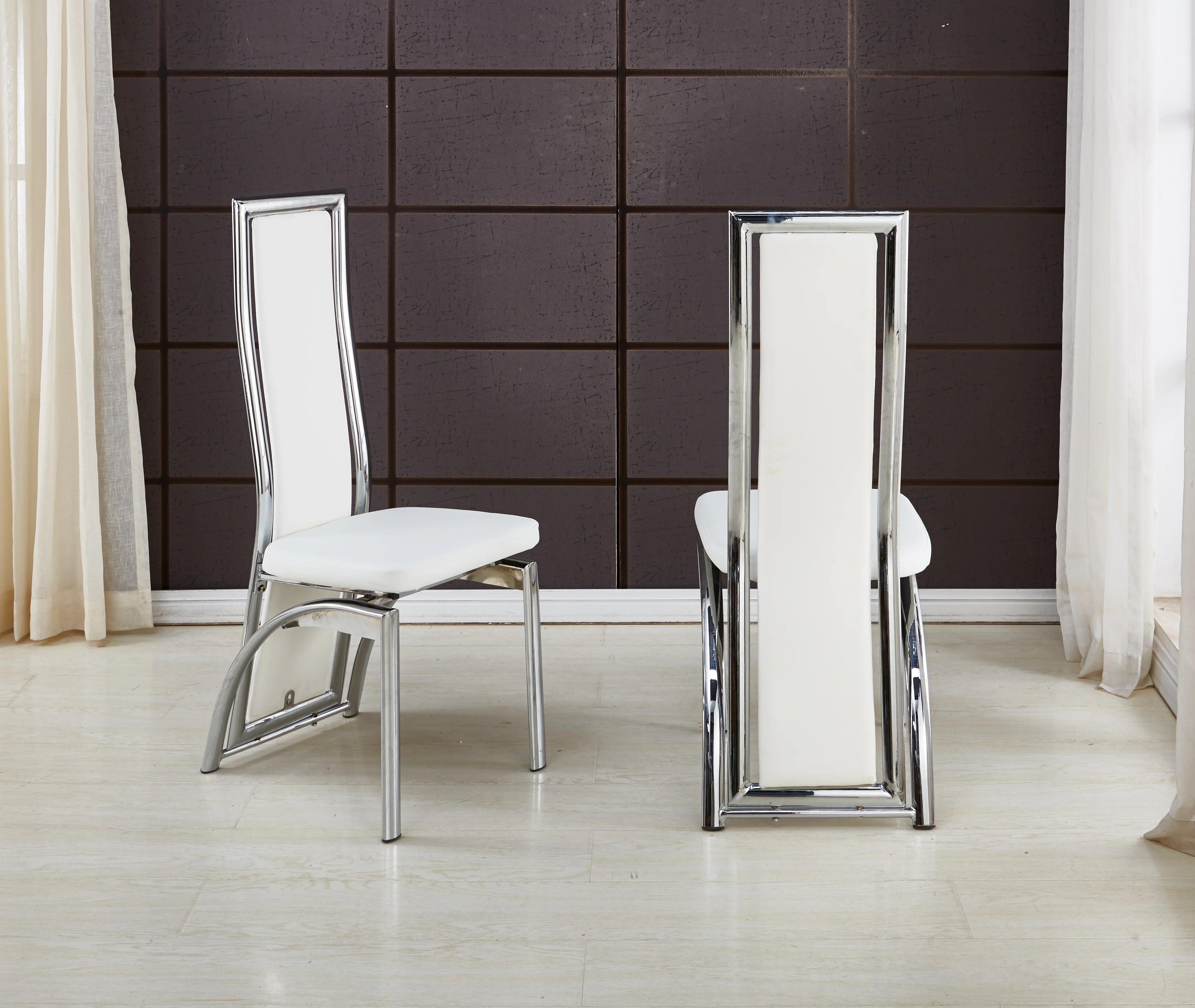 Pair 2pc of Venus High Back Faux Leather Dining Chairs Solid Chrome F Billboard Furniture