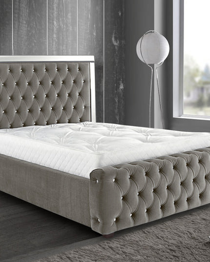 Elegance Mirrored Plush Velvet Bed Frame