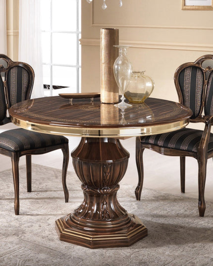 New Venus Walnut-Gold Round Extending Dining Table & Chairs