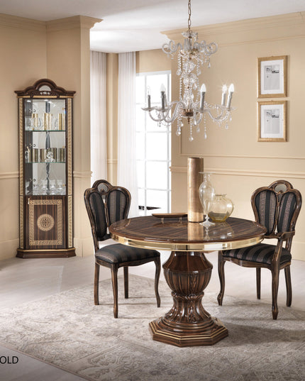 New Venus Walnut-Gold Round Extending Dining Table & Chairs