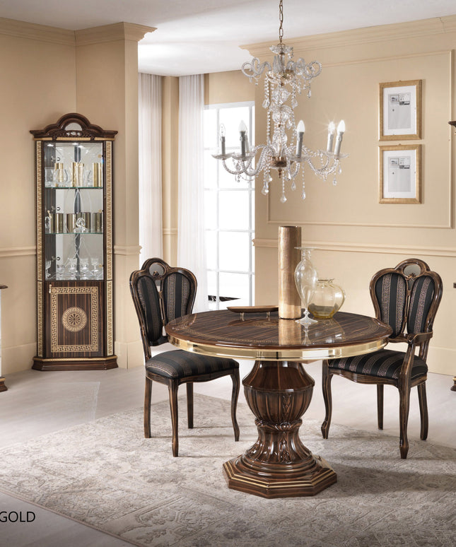New Venus Walnut-Gold Round Extending Dining Table & Chairs